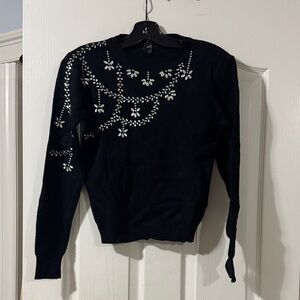 Embellished Black Crewneck Sweater with Rhinestone Detail